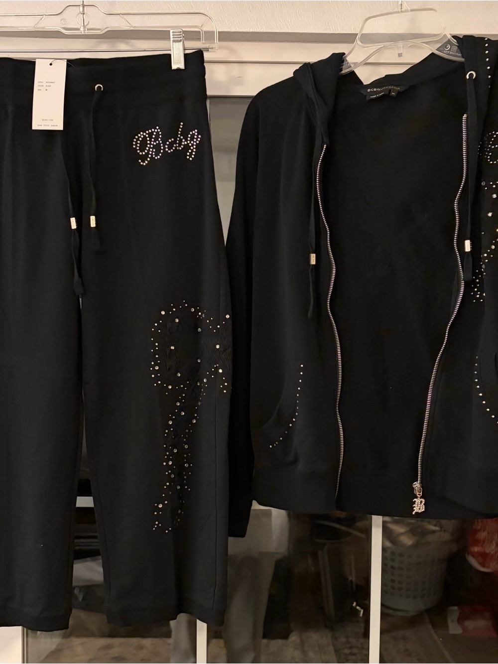 BCBGMaxAzria Black Crystal-Embellished Cropped Joggers & Zip Hoodie Set